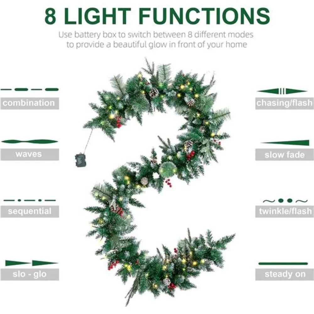 9Feet Christmas Garland Snow Flocked Including 100Lights, Pine Cones,Red Berries